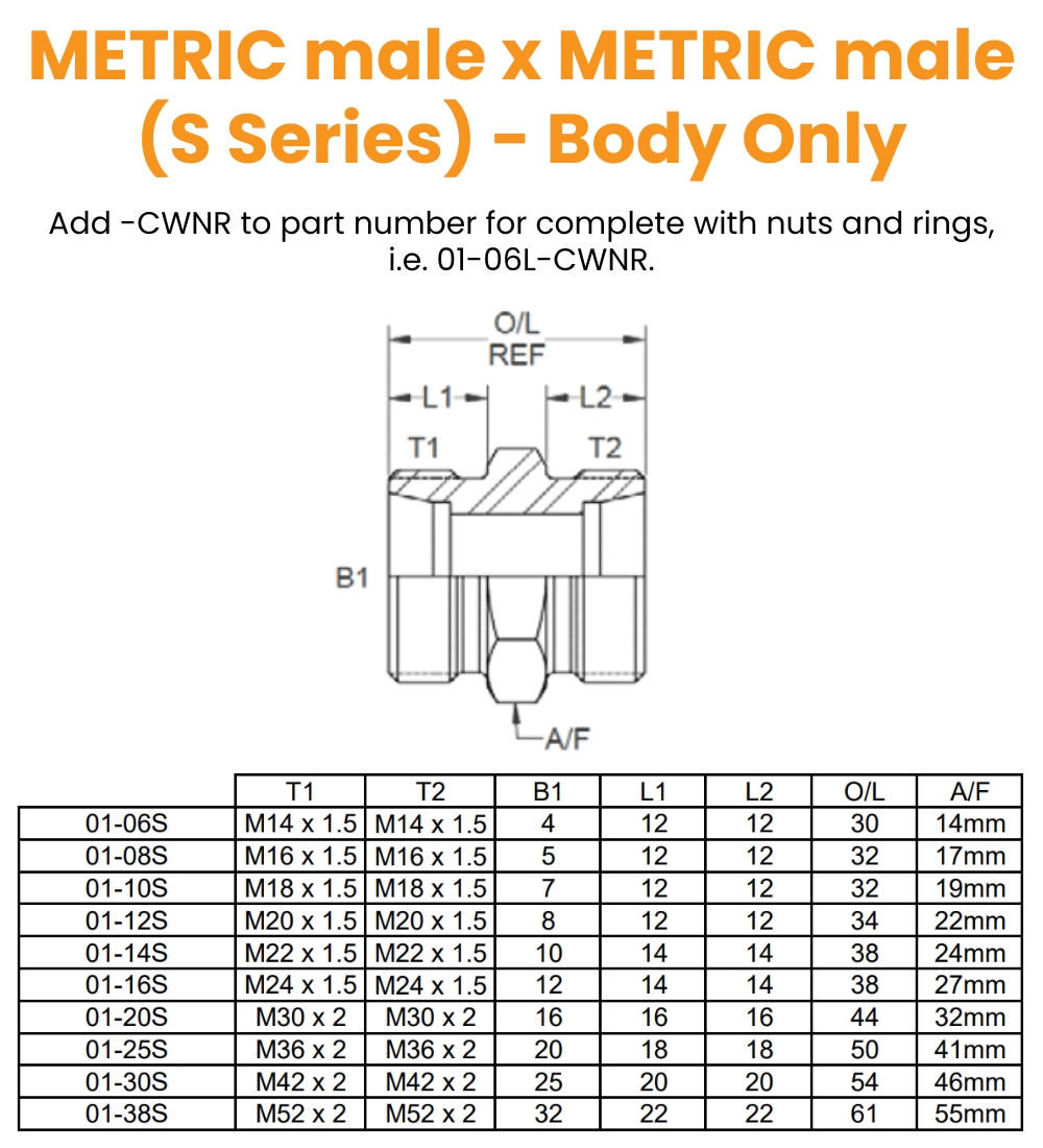 M14 (6S) M/M - Body Only Hydraulic Adaptor